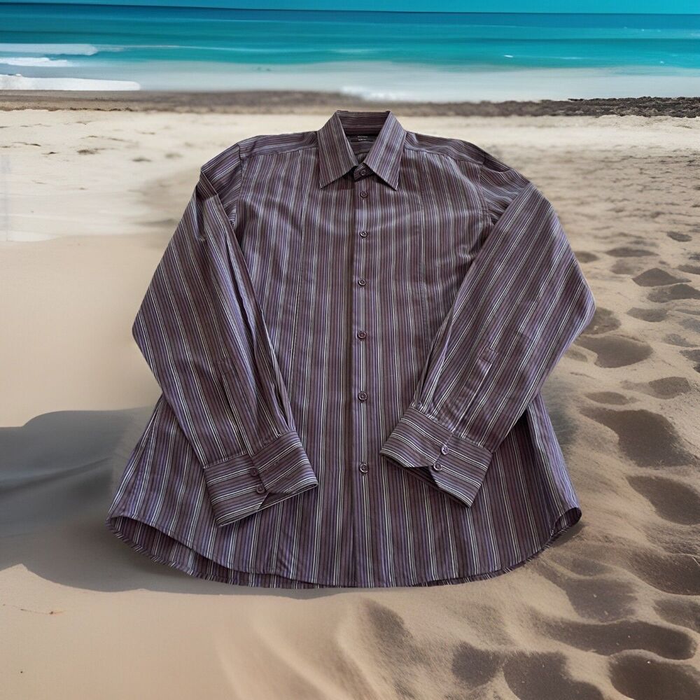 Hugo Boss LS Dress Shirt Striped Purple Cotton Mens L 41/42 Slim Fit